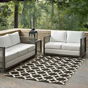 Modway Cerelia Moroccan Trellis 5x8 Indoor and Outdoor Area Rug in Black and Beige