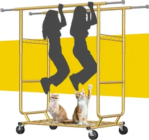 Raybee Rolling Clothing Rack with Double/ Single Hanging Rods,  Heavy Duty Clothes Rack Max Capacity 630LBS /485LBS, Foldable Portable Closet Rack with Shelf, Adjustable Commercial Garment Rack with Wheels