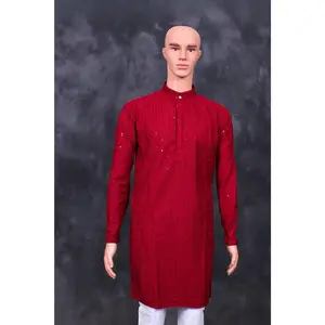 Maroon Men's Lakhnavi Kurta with Resham Embroidery