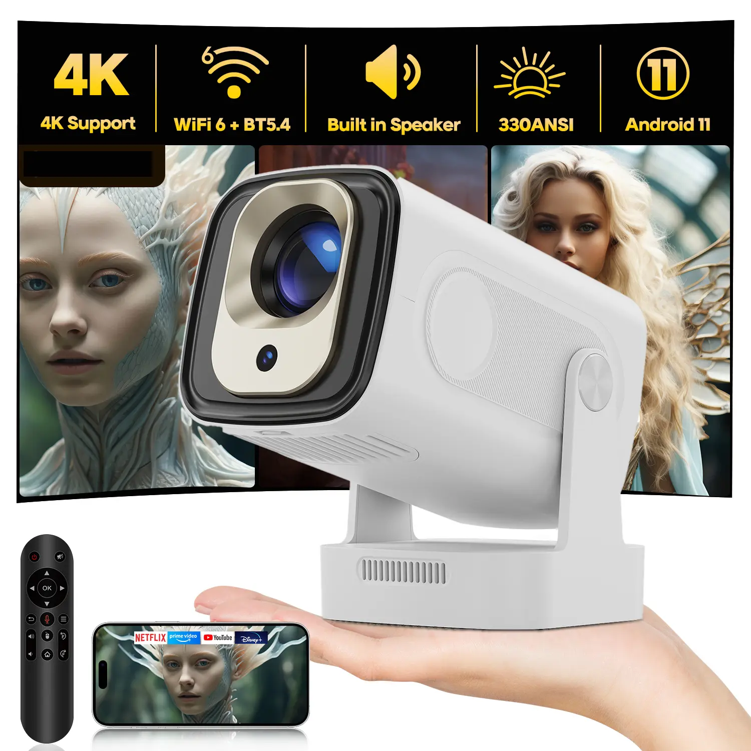 HY260 Pro Auto Focus Projector 4K Support 330ANSI Dual WiFi6 Wireless Bluetooth5.4 1080P Native Auto Keystone Correction Androdi 11 Allwinner H713 Built-in Speaker Home Cinema Movie Outdor #SummerWins #DealsForYouDays