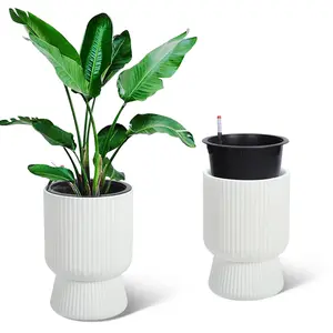 14.2" Tall Planters, Set of 2 Large Indoor Outdoor Plant Pots, Classic White Planters with Water Level Monitor & Drainage Design, Decorative Flower Containers for Patio, Porch, Living Room and Home Office