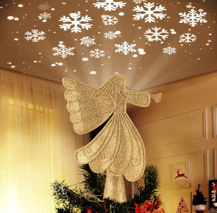 Christmas Angel Tree Topper with Built in LED Snowflake Projector Lights Hollowed Pentagram Tree Top with Gold Spangles Plated Plug in, Gold Angel