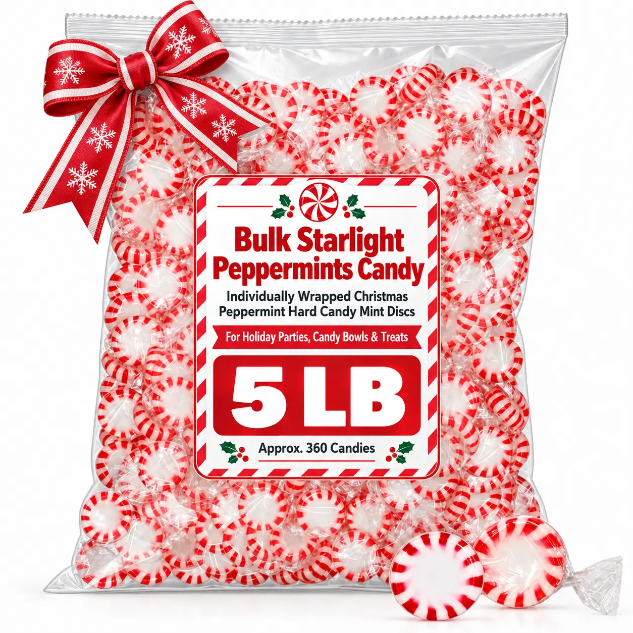 Bulk Starlight Peppermint Candy 5 LB Bag, Individually Wrapped Red & White Mint Discs, Holiday Party Treats, Candy Bowl & Event Candy, Approx. 360 Pieces