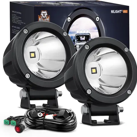 Nilight 2-Pack 3-in LED Round Offroad Lighting, OSRAM LED Lights, 1065LM, IP68 Waterproof, 18AWG DT Wiring Harness, 10° Spot Precision Narrow Beam Reaches 748 Ft Ahead, for Cars, Trucks