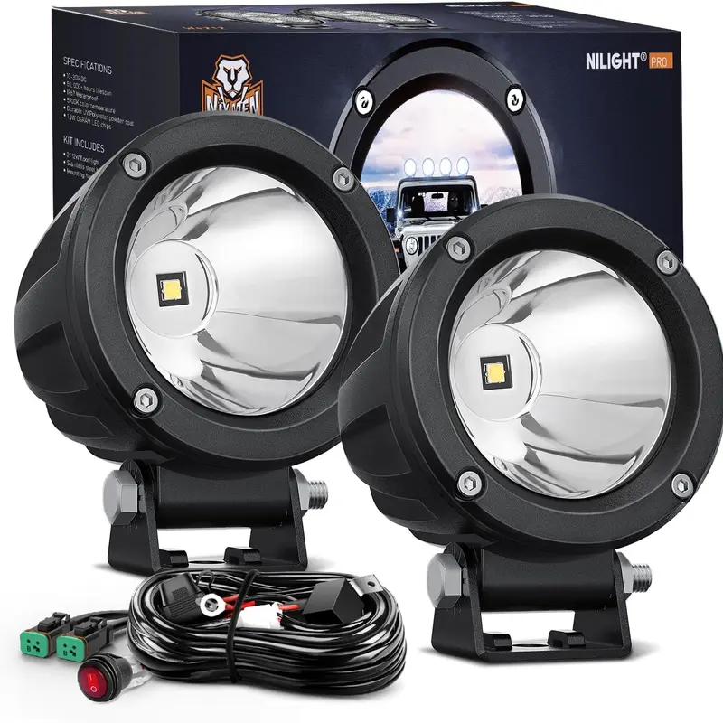 Nilight 2-Pack 3-in LED Round Offroad Lighting, OSRAM LED Lights, 1065LM, IP68 Waterproof, 18AWG DT Wiring Harness, 10° Spot Precision Narrow Beam Reaches 748 Ft Ahead, for Cars, Trucks