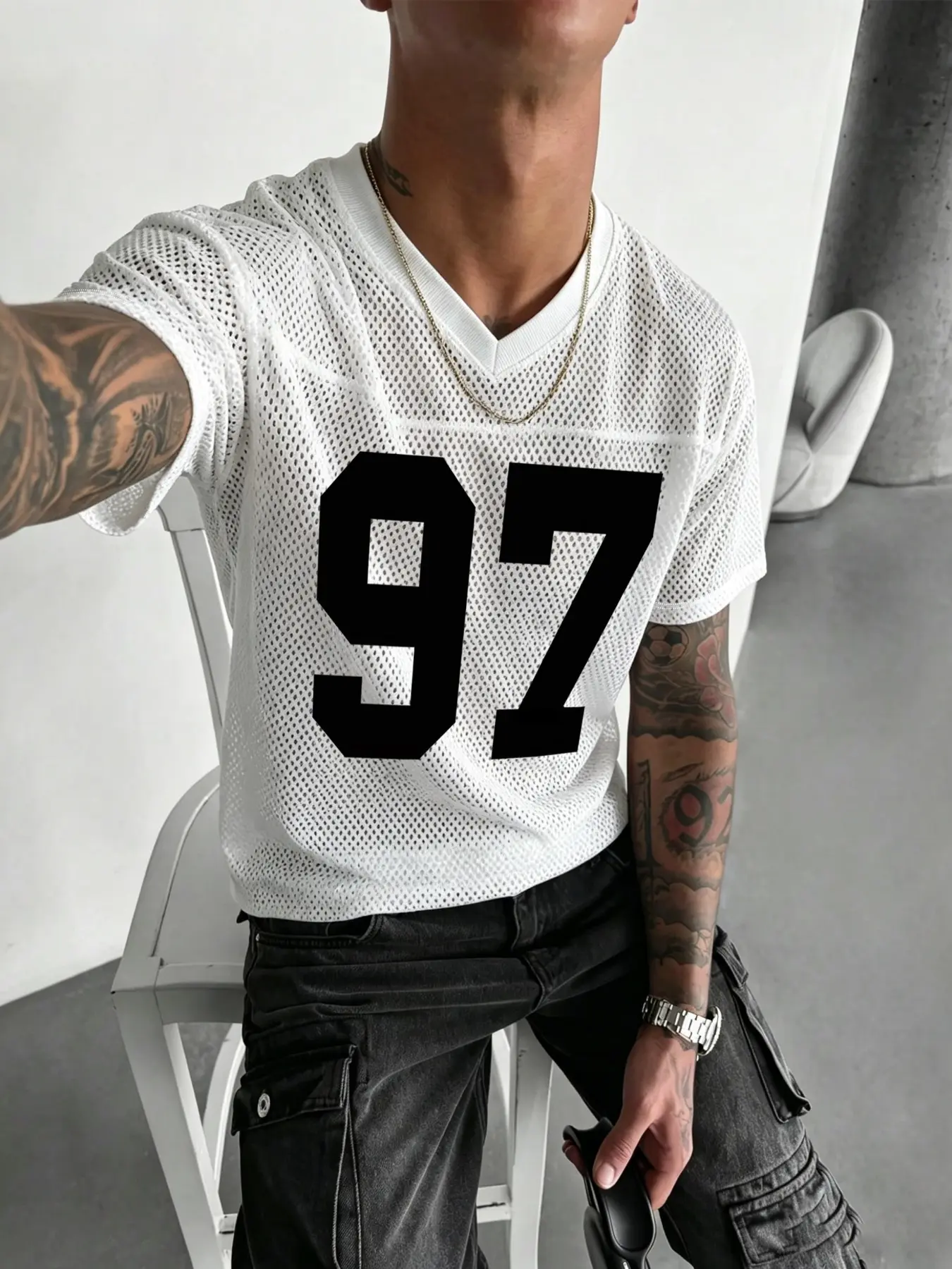 Men's Digital 97 Print Short Sleeve T-Shirt, Menswear, Round Neck, Breathable Mesh Lightweight Fabric, Layered Versatile Fashion, Soft Comfortable Material, Casual Outing, Graphic, Graphic Printed Tee