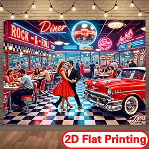 2D Flat Printing Polyester Backdrop Banner, Retro Rock & Roll Diner Scene with Red Car Disco Ball Ornaments, Lively Room Accessories for Bedroom & Dorm Decor