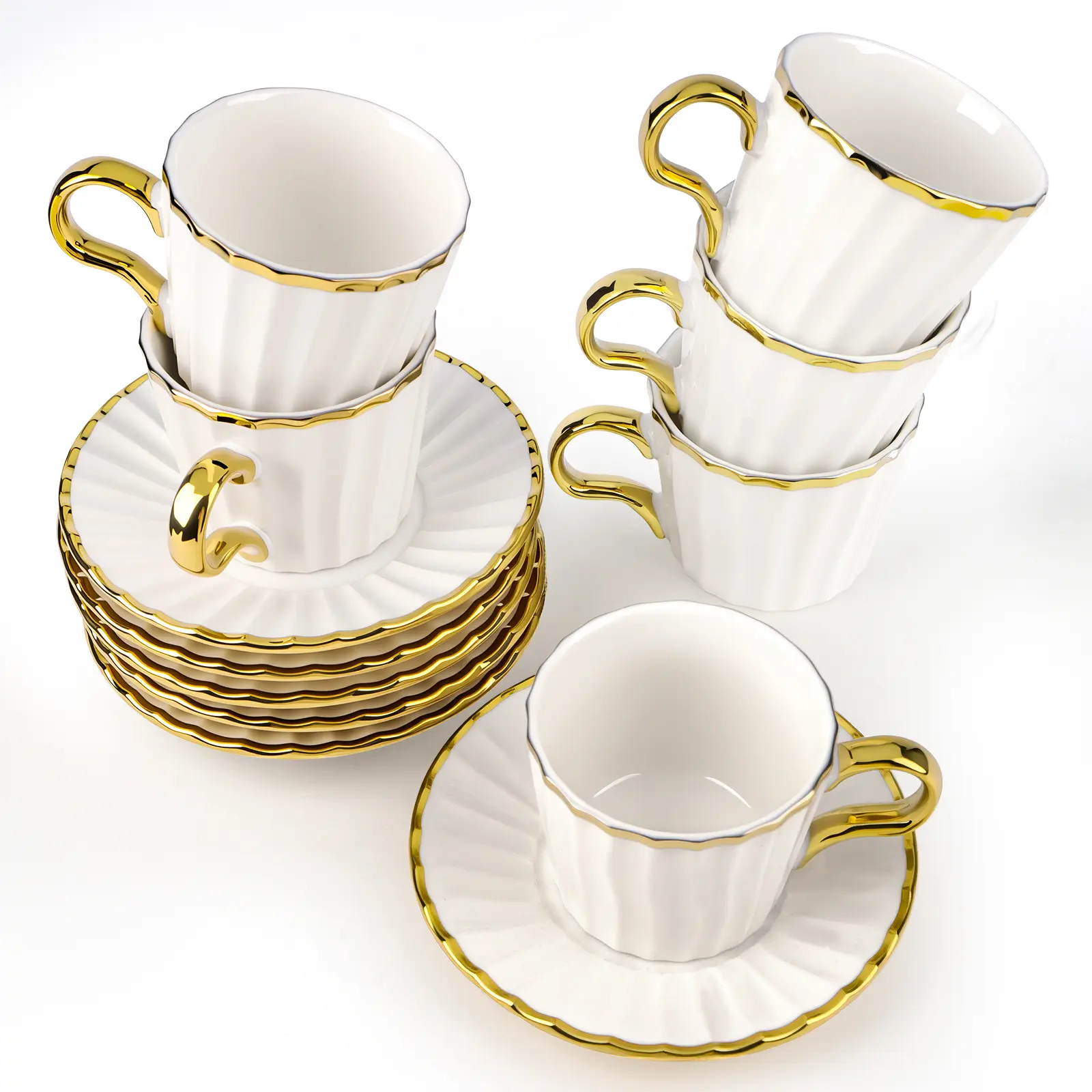 Ceramic Coffee Cups with Saucers - 6-Piece 3.2oz Drinkware Set for Coffee, Espresso, Coffee Cup