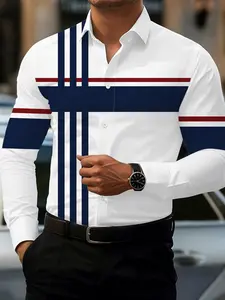 Men's Color-Block Striped Long Sleeve Shirt with Geometric Pattern, Casual Printed, Casual Business Attire for Spring and Fall, All-Over Print Fashion Shirt