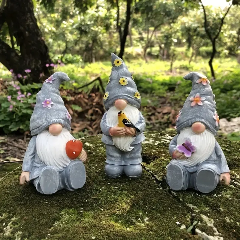 3-Piece Resin Gnome Garden Statue Set, American Rustic Style, Indoor & Outdoor Use, No Electricity Required, Decorative Garden Ornaments, Garden Accessories, Resin Sculptures, Statue Decorations