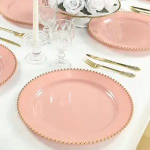 10-Pack Economy Round Plastic Charger Plates 13" in Dusty Rose with Gold Beaded Rim, Stylish Dinner Party Serving Plates