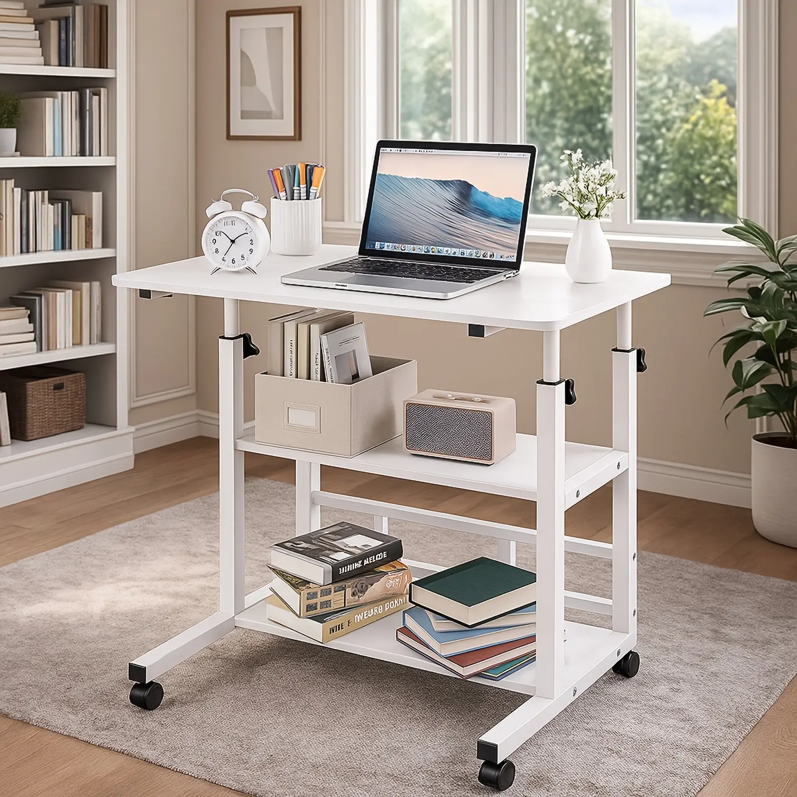 Mobile Rolling Desk on Wheels, Height-Adjustable Compact Standing Desk, Laptop Workstation, And Portable Table Suitable for Bedroom Use, Bedside Computer Table, And Small Computer Desk