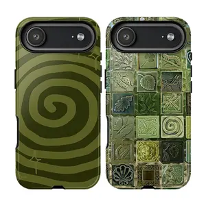 Green Aesthetic Phone Case. Set of 2: Hypnotic Green Spiral Case & Earthy Botanical Tile Mosaic Case (Leaf, Frog, Butterfly). Protective Nature-Inspired iPhone Cover