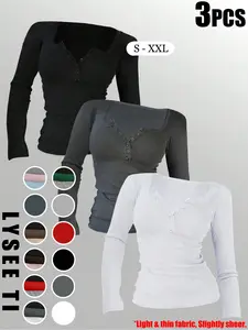 3pcs Autumn And Winter Women'S Casual Fashion Sporty Tee Set, With Multi Button Design, Solid Color Round Neck Long Sleeved Top, Athleisure Wear Set, Athletic Fashion Activewear, Workout Sets Women