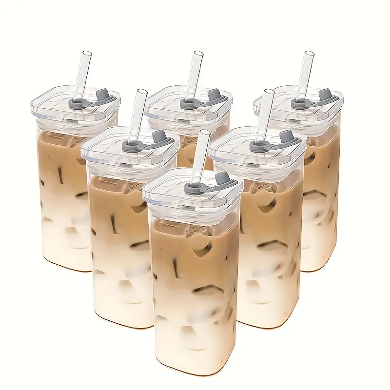 4pack Glass Cup with Lid and Straw 13oz Square Glass Iced Coffee Cups Clear Glass Can Cup Drinking Glasses Set Cute Tumbler Cups Glass
