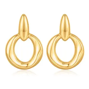 Gold, glossy solid small oval earrings with large circular hoops