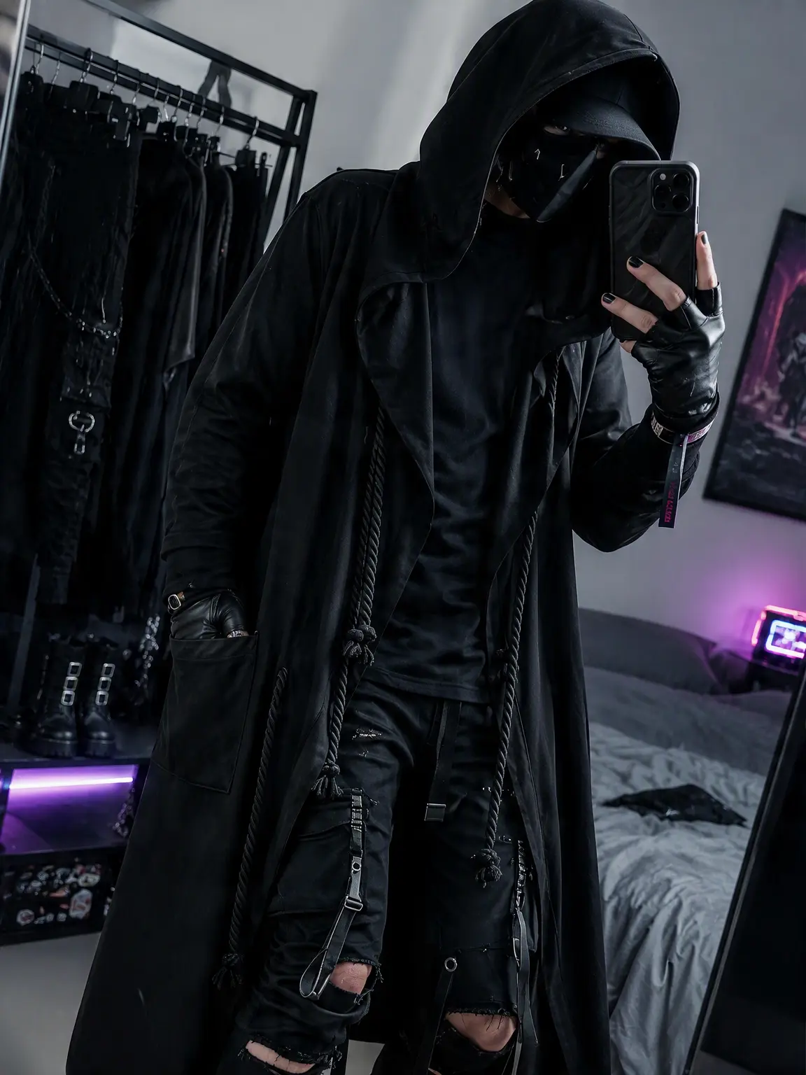 Men's Streetwear Hoodie Jacket, Black Punk Cloak With Pocket, Loose Casual Long Cardigan Cosplay Menswear