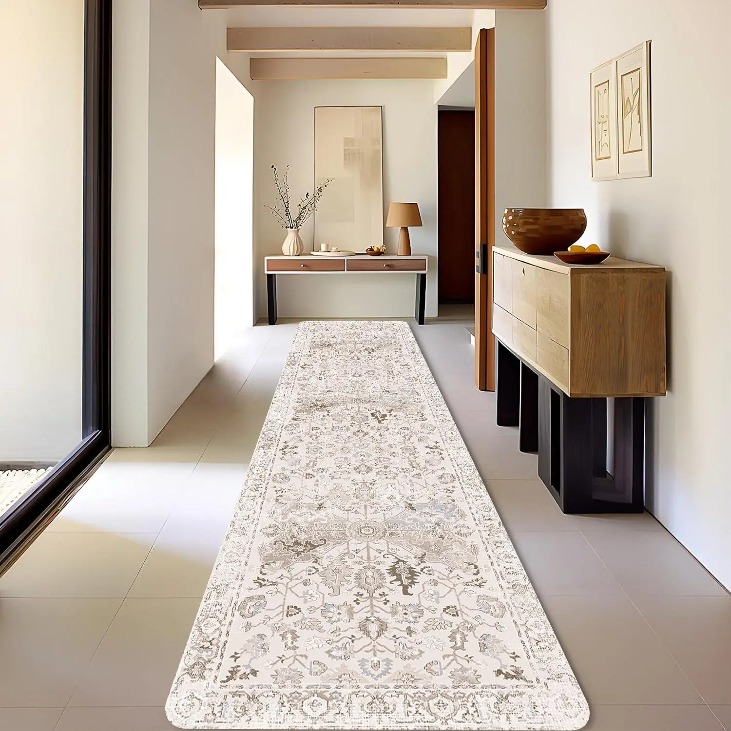 Vintage Boho Hallway Runner Rug, 1 Count Traditional Pattern Printing Non-slip Soft Non Shedding Washable Bed Rug, Long Rug for Entryway Bedroom Kitch
