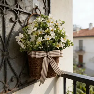 Artificial Flower Wall Basket, Plant Accents, Country Style Hanging Floral Decor, Striped Bow, Spring Easter Home Decoration, Garden Accessories
