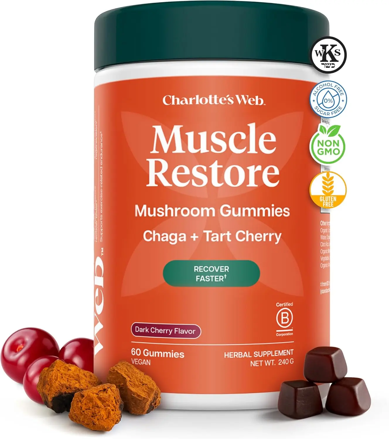 Charlotte's Web Muscle Restore Mushroom Gummy - Chaga & Tart Cherry Flavor - 60 Vegan Gummies - Herbal Supplement for Recovery - Certified Vegan - Dark Cherry Flavor - 240g Jar
