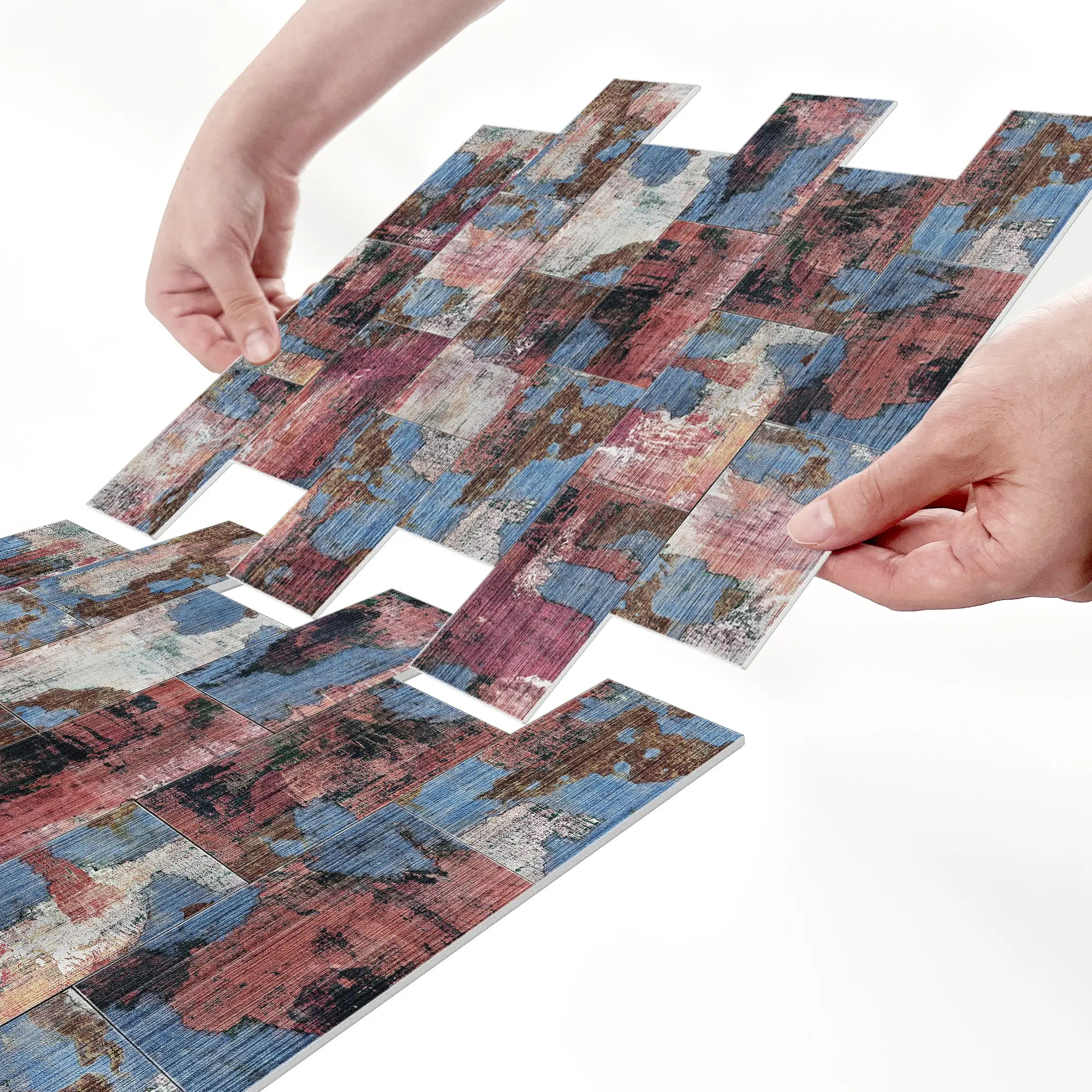 10/20PCS AST-L Herringbone Artistic Oil Painting Wood Grain Peel and Stick Tile Stickers, Thick PE Frosted Waterproof Self-Adhesive Wall & Floor Decor