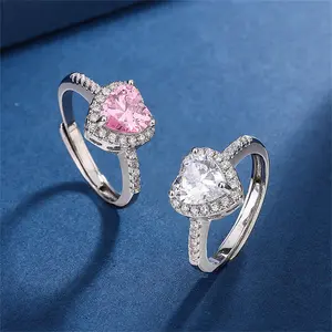 FASHION - Luxury Pink Micro Zircon Heart Shaped Adjustable Ring For Women Exquisite Silver Color Metal Young Girls Party Jewelry N834