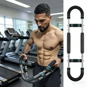 Adjustable U-Shaped Arm & Chest Trainer with stainless steel and blue non-slip grip, detachable for storage. Moderate resistance for all users, efficiently strengthens arms and chest for better home fitness.