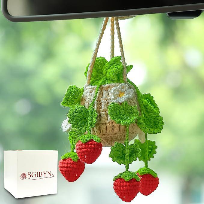 Handmade Crocheted Plant Car Pendant, Cute Knitted Hanging Basket Flower Doll, Rearview Mirror Hanging Ornament, Boho Car Interior Decor Accessories for Women