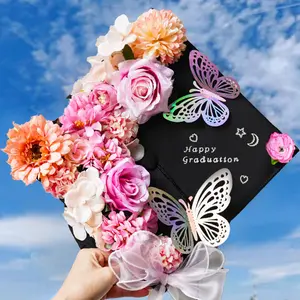 Graduation Cap Topper Decor Kit for DIY Graduation Cap (included), Graduation Gifts for Class of 2026 Graduates Girls, Including Paper Flowers & 3D Butterfly Stickers & Rhinestone & Letter & Pearl Stickers & Mesh Ribbon Bow
