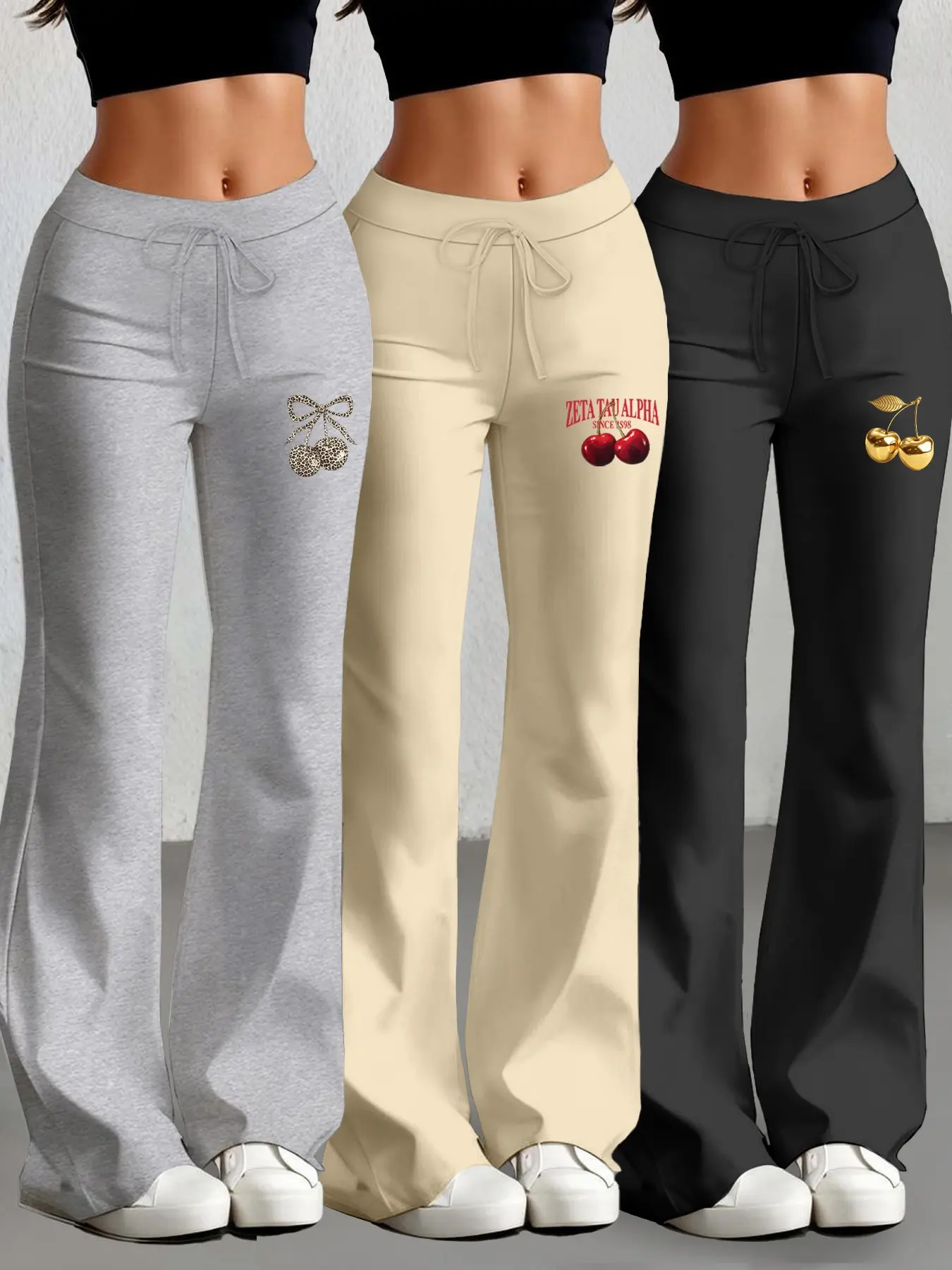 Women's Casual Drawstring Pants Set, Cherry Fruit Print Yoga Jogger Shorts, Fitted Flared Legs, All-Season Wear, 3-Piece, Tracksuit Pants, Athleisure Style Bottoms