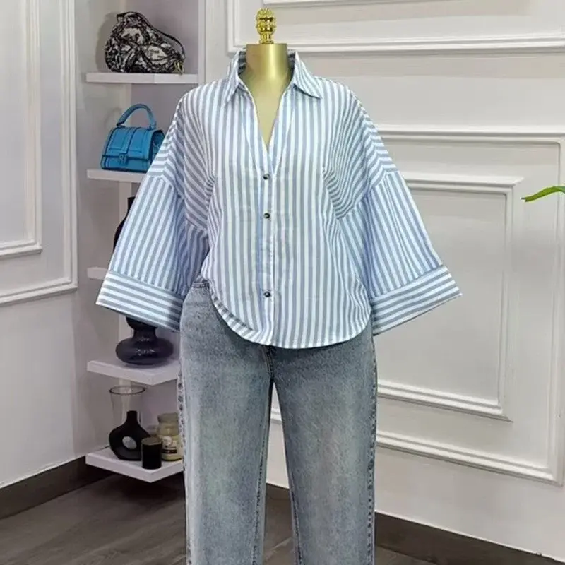 Autumn and winter clothing 2025 new Fall Half Sleeve Single Breasted Blouse and Shirt V neck Pockets Street Casual Loose Tops Shirts