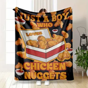 Chicken Nugget Pattern Blanket, 1 Count Just A Boy Who Loves Chicken Nuggets Letter Print Soft Warm Nap Throw Blanket, Portable Blanket  for Home Office Travel Camping summerwins