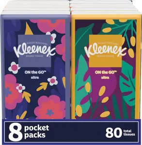 Kleenex On-The-Go Facial Tissues, 8 Pack, 3-Ply, 10 Tissues per Pack, 80 Total Tissues, Travel Size, Various Designs