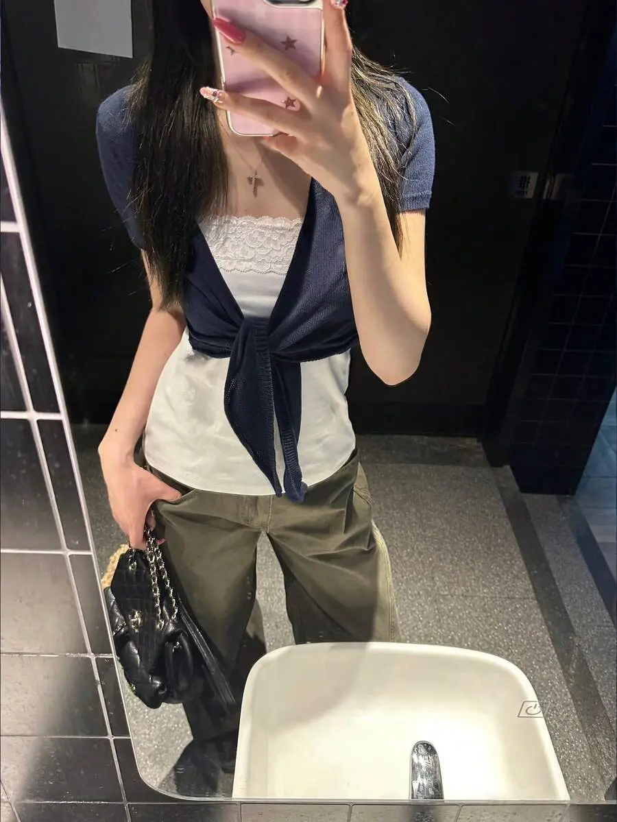 Women's Short Knit Cardigan Short Sleeve Semi-Sheer Tie-Front Top Lightweight Shawl Summer