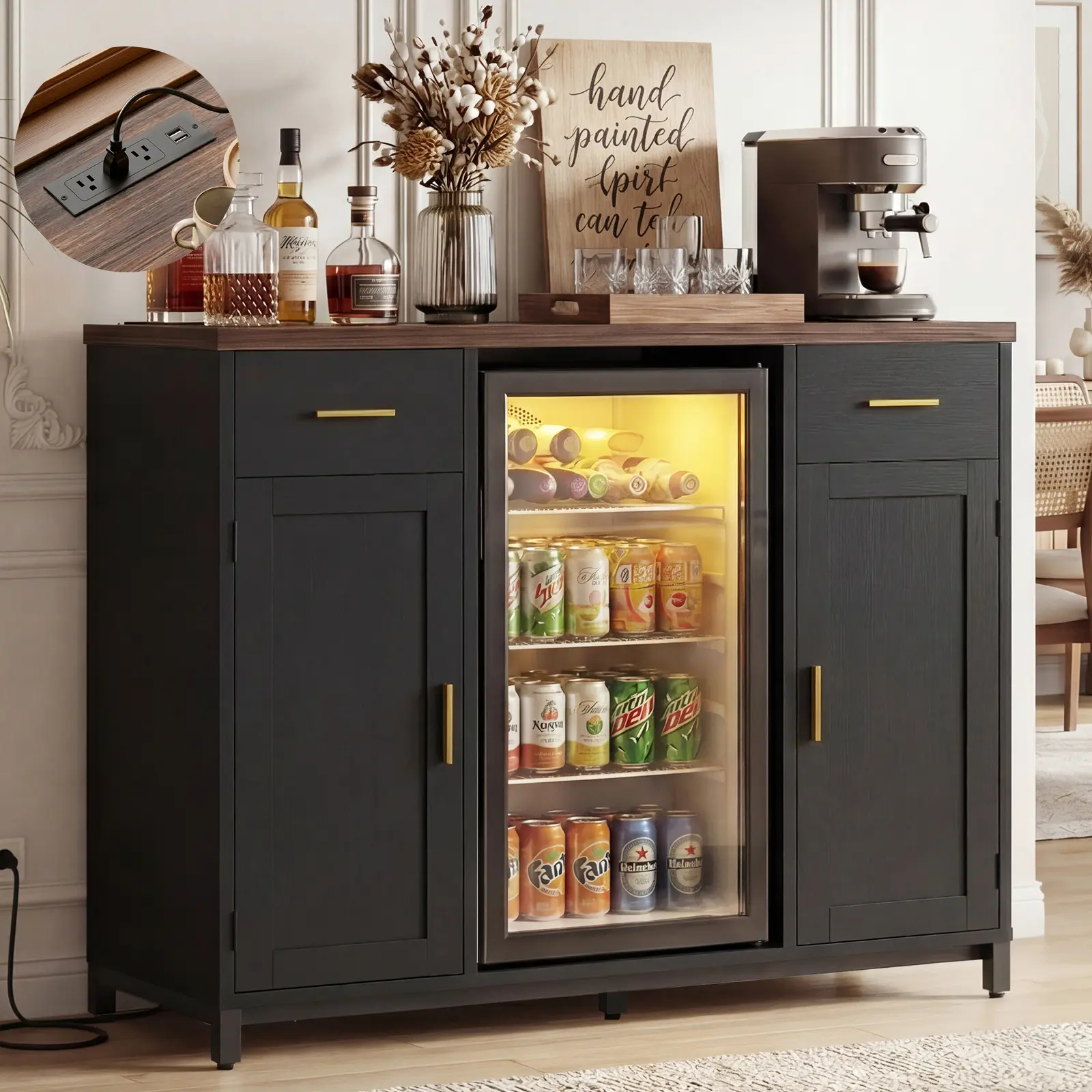47.2" Coffee Bar Cabinet with Built-in Charging Station & Mini Fridge Space - Modern Kitchen Hub with Drawer  & Door Storage