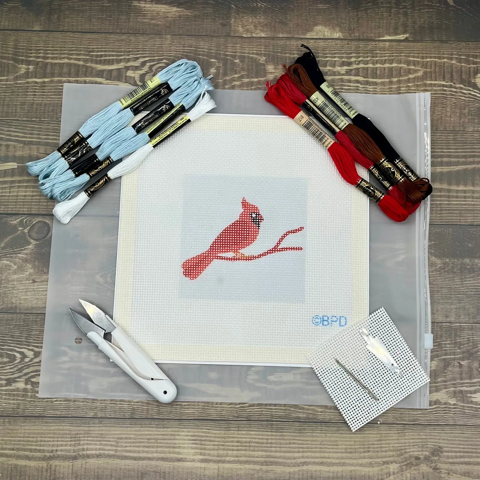 Cardinal Needlepoint Design (red beak on light blue)