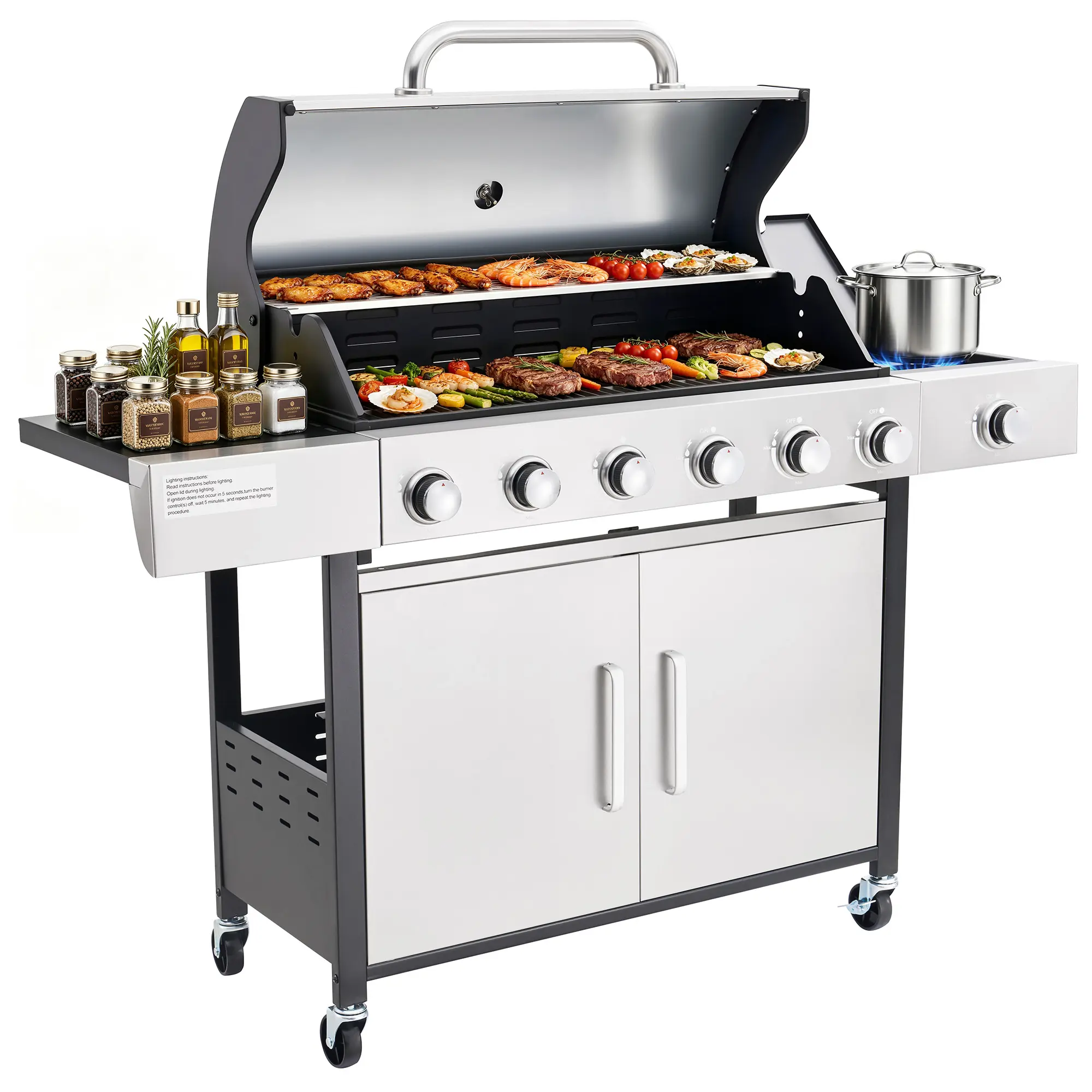 [Ships in 2 Boxes] AMERLIFE 63,000 BTU 6-Burner Propane Gas Grill with Side Burner | 650 Sq.In. Cooking Area, Stainless Steel, Cast Iron Grates, Built-in Thermometer, Regulating Valve, Patio and Outdoor Cooking[tiktokshopbacktoschool][SohoChic]