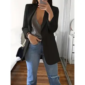 Solid Color Open Front Pockets Blazer, Elegant Long Sleeve Lapel Simple Outwear For Office & Work, Women's Clothing