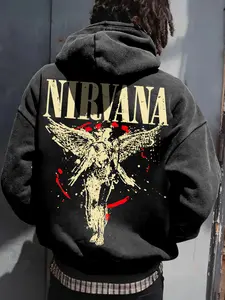 Men's American Vintage Washed Nirvana Band Angel Print Hoodie, Fall & Winter Warm Fitted Cotton Sweatshirt, High Street Rock Top, Graphic Hoodies