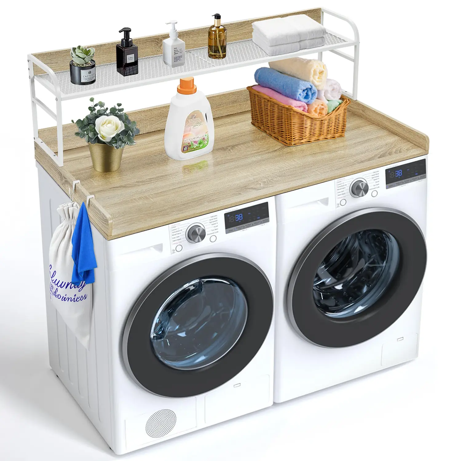 VEVOR Oak Washer Dryer Countertop, 54"x27" Smooth Wooden Laundry Topper Cover with 2-Tier Storage Shelf, Anti-Slip Pads, 250lb Capacity, Heat-Water Resistance, P2 Carb Board, Home Decor for Laundry Room Organization