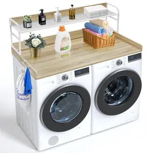 VEVOR Washer Dryer Countertop with 2-Tier Shelf, 54" x 27" Wooden Washer and Dryer Countertop with Anti-Slip Pads, Water-Resistant Laundry Topper Cover for Laundry Room Organization and Storage, Oak