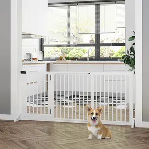 White 3 Panels Freestanding Wooden Pet Gate with Lockable Side Door Adjustable Length from 44.5 to 65.25 Inches Solid Pine Wood with Wide Support Feet for Indoor Doorway Hallway and Staircase