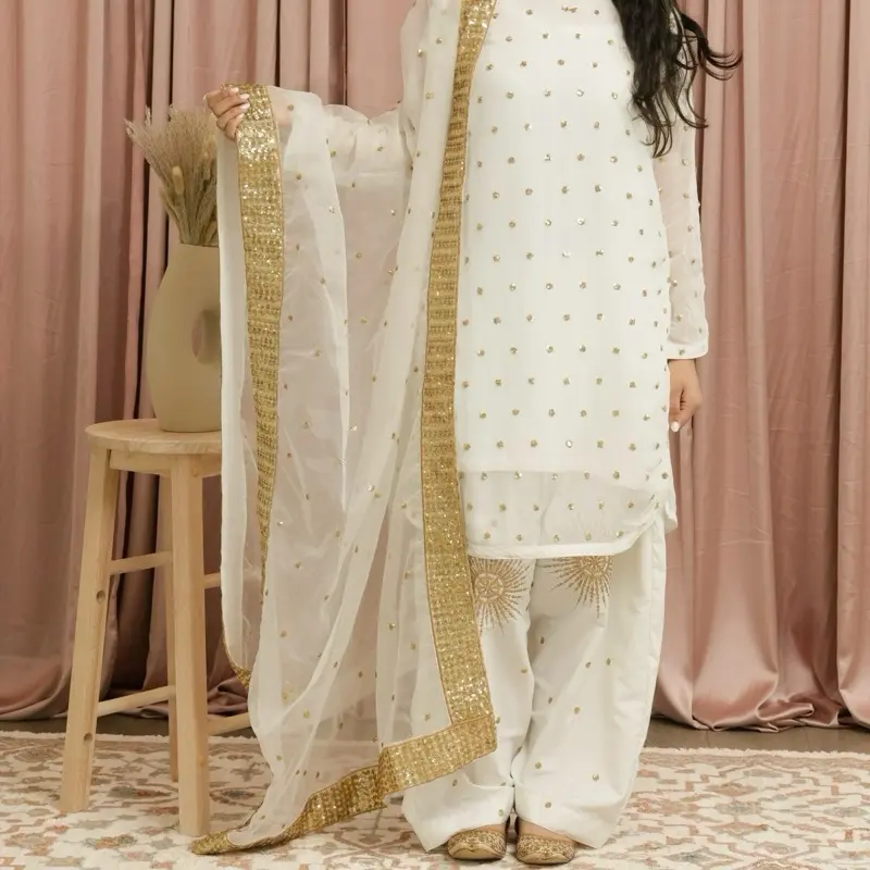 Women's Casual Farshi Shalwar, Off-White with Golden Embellishments - Womenswear Dress