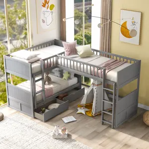Wood Triple Bunk Bed with Drawers, L-Shaped Bunk Beds for 3, Twin Over Twin Bunk Bed with a Loft Bed Attached for Teens, Adults