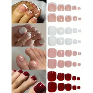 96pcs/Set - Red, White & Nude French Tip Toe Nail Stickers, Natural Color - Solid Color Square Short Glossy Acrylic Toe Nails, Seamless Fit, Includes 4pcs Nail Files & 4pcs Nail Glue Stickers, Gift For Girls, Mothers, Women, Whitening & Manicure Set, Deta