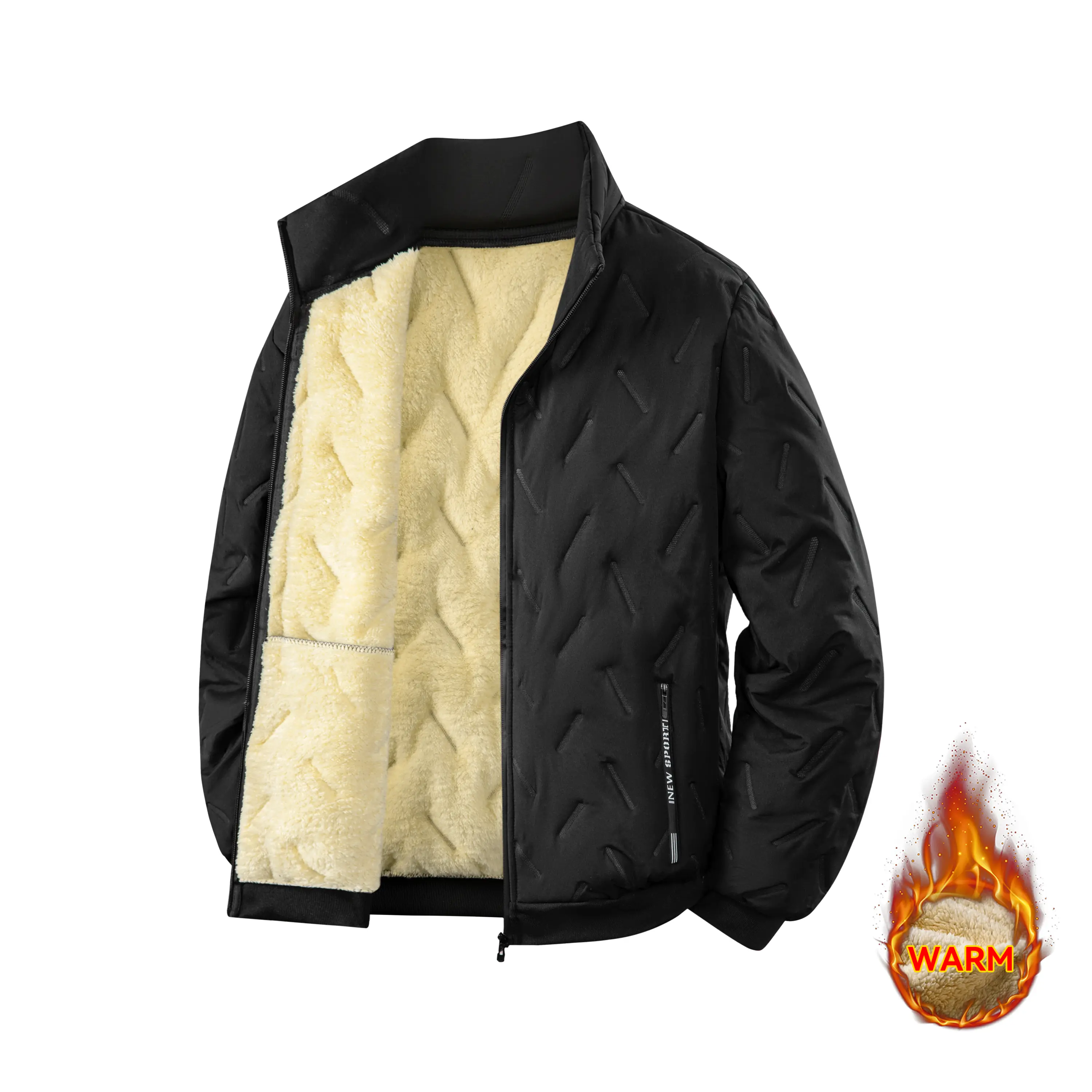 Men's Plain Surface Quilted Jacket, Polyester Shell Full Zip Outerwear, Lightweight Fleece-Lined Streetwear Coat with Stand Collar, Lightweight Quilted