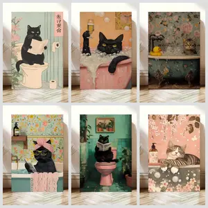 Black Cat Toilet Poster Fun Bathroom Decor Hanging Art Cat-Themed Wall Art Nordic Style Decorative Painting Suitable for Bedrooms and Bathrooms