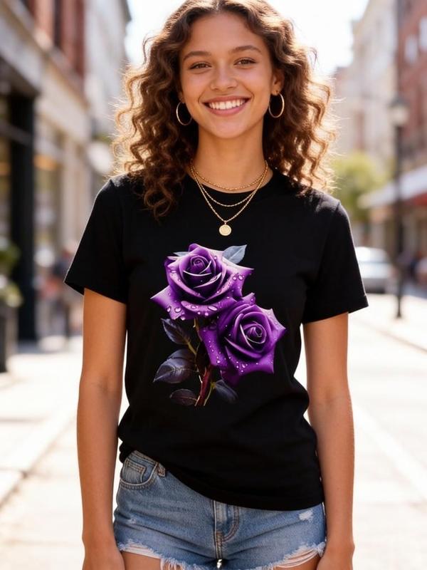 Women's Cotton Short-Sleeve Cropped Tshirt - Purple Rose Floral Graphic Print, Crew Neck, Backless, H-Type, Fitted, Lightweight Soft Fabric, Halloween New Year Summer Casual Grunge Outfit, Pull-On, Machine Washable (Do Not Bleach)