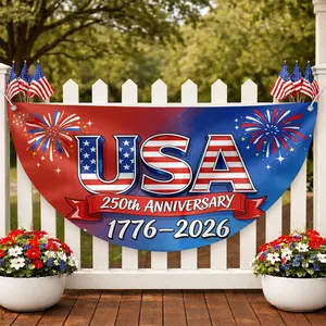 250th Anniversary of the United States polyester semi-circular fence banner featuring USA flag fireworks stars (1776–2026). Anniversary patriotic gift; Independence Day decoration in the United States.