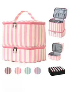 Pink Beige Striped Double-Layer Makeup Bag, Portable Nail Polish Organizer Case with Handle, Large Capacity travel cosmetic bags Cosmetic Storage Box for Travel, Nail Tech & Daily Use, Multiple Colors Available